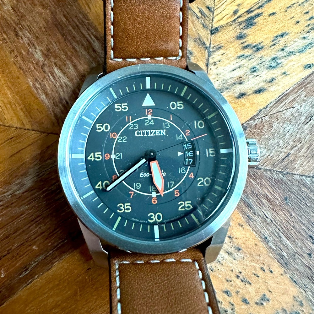 Citizen Men’s Eco-Drive 3-Hand Date Avion Watch with Leather Strap